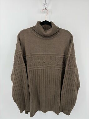 Men's Vintage 30% Wool Blend Taupe Turtleneck Cable-Knit Sweater